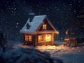 Small, snow-covered house in dark of night. It is surrounded by trees and appears to be lit up from within. A bench can