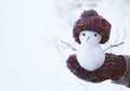 Small snowman in a knitted cap on a mitten against the background of snow in the winter. Festive background with a lovely