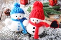 Snowman toys with fir-tree branches Royalty Free Stock Photo