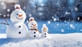 Small snowmans family of three on soft snow with copy space - Generative AI