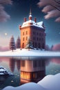 Small Snowy Castle with Reflection on Lake. Generative Ai. Ai