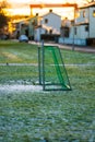 Small soccer goal on a frozen field.. Royalty Free Stock Photo