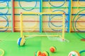 A small soccer goal in the kindergarten gym Royalty Free Stock Photo