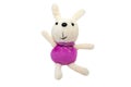 Small soft children`s toy bunny with white wool hair, purple round body, nose and eyes from black beads, isolated on white