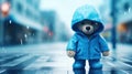 A small, soft toy tired bear walk through the rainy street background. The bear is wet and miserable, and its mouth in sad smile.