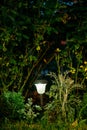 Small Solar Garden Light, Lantern In Flower Bed. Garden Design. Solar Powered Lamp At Summer Night Garden. Ecological Royalty Free Stock Photo