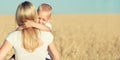 A small son gently hugs his mother in a wheat field. Royalty Free Stock Photo