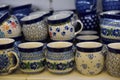 souvenir ceramic jugs painted in blue color Royalty Free Stock Photo