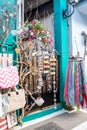 Small souvenir shop, including wooden handicrafts, bags, scarfs, an historic town in Northern Greece.