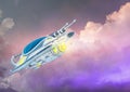 Small space ship floating in a clouded background