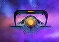 Small space ship floating in a nebula background
