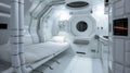 Small spaceship room interior, design of habitat in starship or home on alien planet. Inside futuristic spacecraft, white
