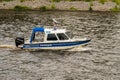 Kostroma, Russia, July 8, 2023. A police boat patrols the river.