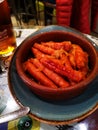 Small spicy sausages, catalan local product served in restaurant as a tapa