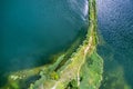 A small spit with a path covered with green grass on both sides, on a clear lake. Aerial photography