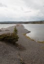 Small spit of sand called Hard Road to Follow on the banks of Yellowstone Lake in Yellowstone National Park in Wyoming USA