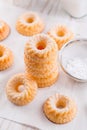 Small sponge cakes with cottage cheese. Ring cakes on white background Royalty Free Stock Photo