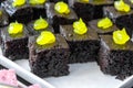 Small sponge cakes laid out on a metal tray Royalty Free Stock Photo