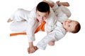 Small sportsmen training techniques hold hands Royalty Free Stock Photo