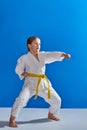 A small sportswoman is beating blows hand in the rack of karate