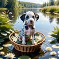 A small spotty puppy dalmatian floats down the river in a wicker round basket.