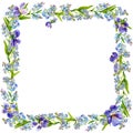 Blue spring flowers in the garden. Frame of forget-me-nots and violets. Watercolor. Royalty Free Stock Photo