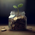 A small sprout in a jar of coins. Generative AI