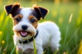 A small spunky terrier with a mischievous glint in its eye peering out from behind a field generated by ai