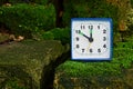 Square alarm clock stands on stones covered with green moss