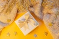 A small square gift with a bow close-up. Royalty Free Stock Photo