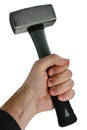 Small square shaped hammer held in left hand, white background