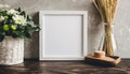 Small square wooden frame mockup in scandi style interior with trailing green plant, bird, pile of books and shelf on empty Royalty Free Stock Photo