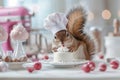 A small squirrel in a chef hat stands on a table, focusing on decorating a tiny cake. The kitchen is bright, filled with sweets Royalty Free Stock Photo