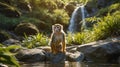 Squirrel Monkey Meditating on Rock by Waterfall in Lush Green Forest Royalty Free Stock Photo