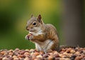 A small squirrel (Sciurus sp.) is seen holding an acorn while sitting on a pile of mixed nuts. The Royalty Free Stock Photo