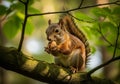 A small squirrel (Sciurus vulgaris) sits on a moss-covered tree branch, holding a nut. Its reddish-b Royalty Free Stock Photo
