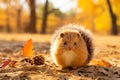 a small squirrel sitting on the ground in the fall