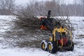 Small stand-on mini skid steer with grapple full of wooden branches Royalty Free Stock Photo