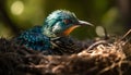 Small starling perching on green branch, feathers multi colored beauty generated by AI
