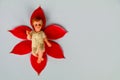 Small statue of Infant Jesus on red leaves of poinsettia plant, Christmas concept Royalty Free Stock Photo