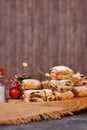 Small Stollen cake pieces, a German fruit bread with nuts, spices, and dried fruits with powdered sugar Royalty Free Stock Photo