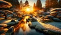 frost covered Zen garden with a small, stone bridge over a frozen pond, golden hour. Generative AI Royalty Free Stock Photo