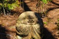 A small stone buddha statue in a Japanese garden surrounded by brown fallen pine needles and lush green trees and plants Royalty Free Stock Photo