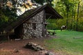 Small stone cottage in the woodland area, surrounded with trees and one horse Royalty Free Stock Photo