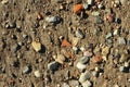 Small stones and sand. The natural texture of the soil. Shore of a reservoir with a beach and pebbles Royalty Free Stock Photo