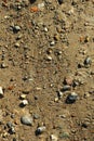 Small stones and sand. The natural texture of the soil. Shore of a reservoir with a beach and pebbles Royalty Free Stock Photo