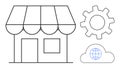 Small Storefront with Gear and Cloud Hosting Globe for Business and Digital Integration Concept Royalty Free Stock Photo