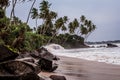 A small storm on the rocky beach of Sri Lanka. waves on the wild beach. palm grove on the Indian ocean Royalty Free Stock Photo