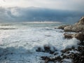 A small storm at sunset on the Mediterranean Sea near Rosh Hanikra in Israel Royalty Free Stock Photo