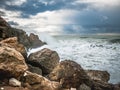 A small storm at sunset on the Mediterranean Sea near Rosh Hanikra in Israel Royalty Free Stock Photo